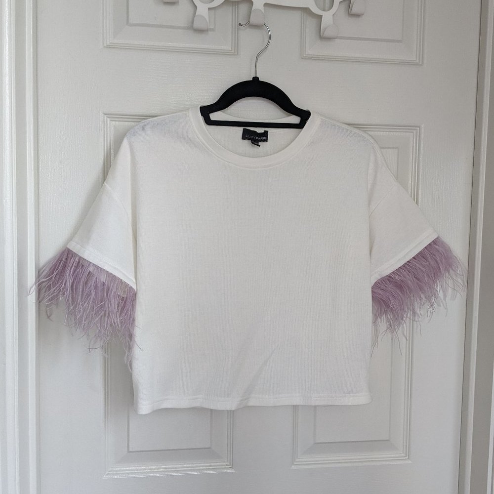 Lucy Paris White Tee w/ Lilac Feather Trim Small